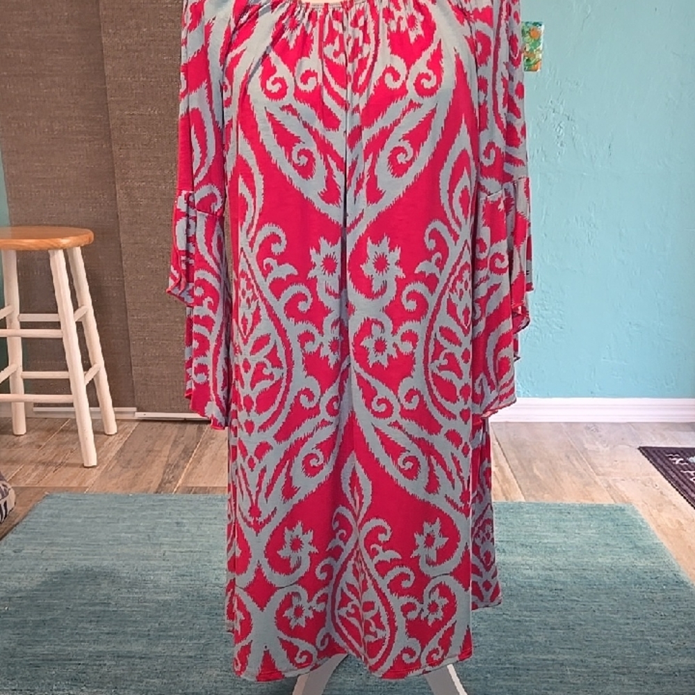 Honeyme Pink and Gray Patterned Long. Bell Sleeve Dress